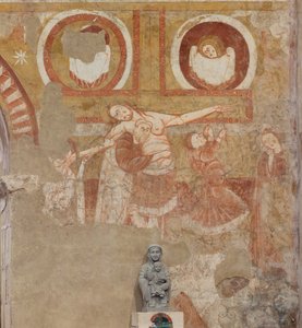 Kerk (Église Saint-Martin). Interieur. Muurschilderingen (fresco). Westmuur van het schip. Detail. Kruisafneming. 12e eeuw.