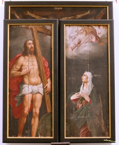 Kerk (Eglise Saint-Martin). Interieur. Drieluik. De kruisiging.