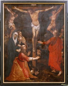 Kerk (Eglise Saint-Martin). Interieur. Drieluik. De kruisiging