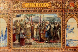 Stad Sevilla, op het Plaza de Espana, ornamenten gemaakt van tegels (keramiek)