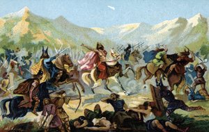 Clovis I (466-511), koning van de Franken, tijdens de slag bij Tolbiac in 496 tegen de Germaanse stam van de Alemannen, beloofde zich te bekeren in geval van overwinning. Eind 19e eeuw (chromolithografie) door Unbekannter Künstler