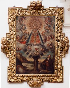 Collegiale kerk. Interieur. Schilderij. (Nuestra Señora de la Esperanza). Tekst in een medaillon: “RETRA TOD LA MIL CROSA Imajen DNUESTRA S DL Esperanza A Parecida A Fernando de ZILLLa Fańa iezi rodela Villa Riue mde el Tajo ter mi?to esta villa”. Gesignee