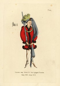Kostuum van Koning Richard II, in korte volle tuniek met bont afgezet, met een gordel om de heupen, puntige schoenen, ronde hoed met lange staart en kroon van stof in de vorm van bladeren door Unbekannt