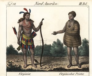 Kostuum van Powhatan Indianen van Virginia (VS): een krijger en een priester van Secota. Lithografie voor het boek: “Galerie complete en tableaux fideles des peuples d