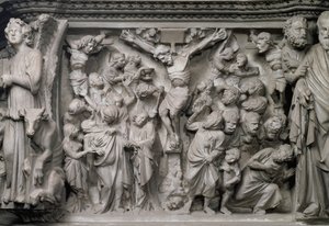 Kruisigingsscène: detail van reliëf van de top van de zeshoekige preekstoel ontworpen door Giovanni Pisano (1245-1329), ca. 1297 door Unbekannter Künstler