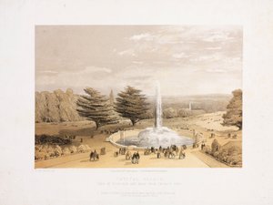 Crystal Palace, na de Grote Tentoonstelling De fontein en het park vanaf de terrasstappen van het Crystal Palace, circa 1855 door Unbekannt