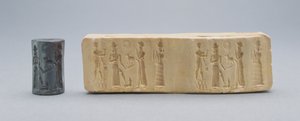 Cilinderzegel, getoond met gipsafdruk, Oud-Babylonisch, c.19e-18e BC