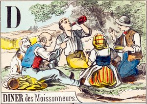 D Diner van de maaiers - "Alfabet van de boerderij" eind 19e eeuw (gravure)