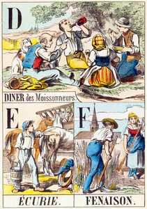D E F : Diner van de maaiers, Stal, Hooien - "Alfabet van de boerderij" eind 19e eeuw (gravure) door Unbekannt