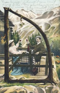 D : Een man en een vrouw zitten aan een tafel voor een berghut en proosten met een glas wijn - Alphabet personages Ref Th. E., L. Theochrom - Serie 994. Theodor Eisman, uitgever, Leipzig door Unbekannt