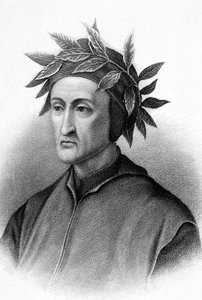 Dante Alighieri (1265-1321) Italiaanse schrijver (Goddelijke Komedie), hier gekroond met laurier, gravure