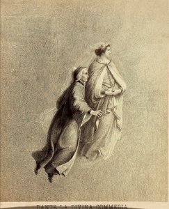 Dante en Beatrice vliegen door het firmament van het Paradijs. Illustratie van Canto I van Paradiso van De Goddelijke Komedie van Dante Alighieri. Werk van Francesco Scaramuzza opgedragen aan de gemeente Florence