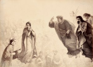 Dante en Beatrice voor de heldere geesten van de apostelen Petrus, Jacobus en Johannes. Petrus heeft zijn arm opgeheven in een teken van woede. Illustratie van Canto XXVII in Paradiso van De Goddelijke Komedie door Dante Alighieri. Werk van Francesco Scara