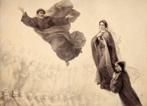 Dante en Beatrice ontmoeten St. Peter. Illustratie van Canto XXIV in Paradiso van De Goddelijke Komedie door Dante Alighieri. Werk van Francesco Scaramuzza gewijd aan de gemeente Florence.