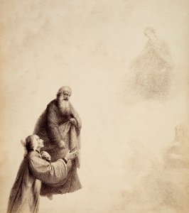 Dante, bijgestaan door St. Bernard, ziet Beatrice op een troon te midden van de gezegenden, in een lichtkring. Illustratie van Canto XXXI in Paradiso van De Goddelijke Komedie door Dante Alighieri