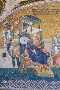 Detail van gouverneur Quirinius in de scène van de inschrijving voor belasting, Chora kerk, Istanbul, Turkije door Unbekannter Künstler