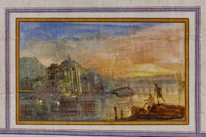 Detail van de decoratie die een landschap afbeeldt, De Rode Kamer, Het Koninklijk Appartement, Het Koninklijk Paleis of Palazzo dei Normanni (Paleis van de Normandiërs), Palermo, Sicilië, Italië door Unbekannter Künstler