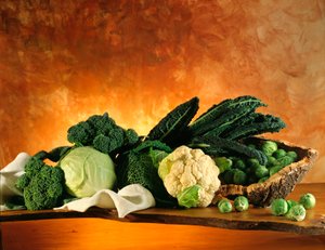 Dieet: stilleven met kool (broccoli, bloemkool, spruitjes).
