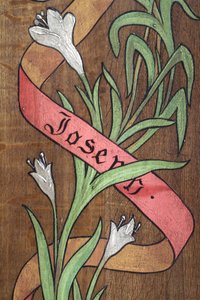Tekening. Bloemen en een lint met de naam Joseph erop, Fecamp, Frankrijk