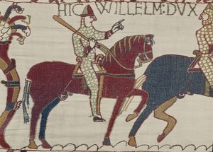 Hertog Willem spoort zijn troepen aan zich voor te bereiden op de strijd tegen het Engelse leger, Bayeux Tapestry (wol borduurwerk op linnen)