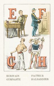 E - Schrijver; F - Postbode; G - Gymnast; H - Helmbosridder - Kinderalfabet, Editions Gordinne 1920 (gravure) door Unbekannt