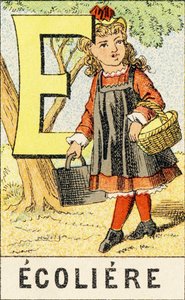 E : Schoolmeisje - Gravure uit ABCD van kleine meisjes. Pellerin & Cie, drukker-uitgever, Epinal, circa 1890. Serie A. Afmetingen: 19 x 13,5 cm