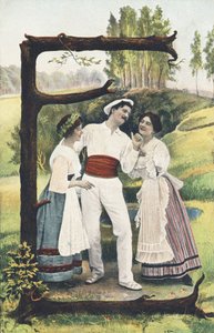 E : Een man in wit en rood staat tussen twee vrouwen in rok, lijfje en schort. Landelijke omgeving - Alphabet personages Ref Th. E., L. Theochrom - Serie 994. Theodor Eisman, uitgever, Leipzig