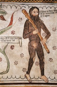 Ego sonto un homo salvadego per natura, chi me ofende ge fo pagura (Ik ben van nature een wilde man, degenen die mij beledigen zal ik angst aanjagen), fresco, Homo Salvadego museum, Sacco, Cosio Valtellino, Lombardije, Italië