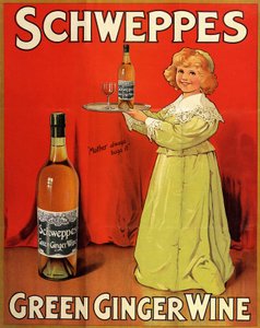 Engelse reclameposter voor "Schweppes Green Ginger Wine" frisdranken