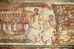 Exodus en doortocht door de Rode Zee, fresco afkomstig uit de Synagoge van Doura (Dura) Europos, 244-245, en bewaard in het Nationaal Museum van Damascus. Foto genomen in het Joods Museum van New York tijdens een tentoonstelling.