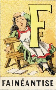 F : Luiheid - Gravure uit ABCD van kleine meisjes. Pellerin & Cie, drukker-uitgever, Epinal, circa 1890. Serie A. Afmetingen: 19 x 13,5 cm door Unbekannt