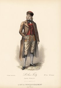 Verkleedkostuum Elzasser voor de Ami Fritz (personage Fritz Kobus uit de roman van Erckmann-Chatrian). Rijkostuum, kasjmier vest, broek en bontmuts. Handgekleurde lithografie naar een ontwerp door Leon Sault uit L