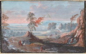 Rotsachtig landschap met Turken te paard en te voet