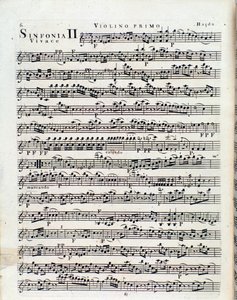 Eerste pagina van muzikale partituur voor viool in Symfonie nr. 2 door J Haydn door Unbekannter Künstler