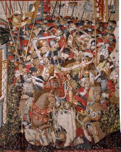 Vlaamse wandtapijt. Serie De Trojaanse Oorlog. De dood van Achilles. Achtste wandtapijt in de serie. Model Coëtivy Meester (Henry of Conrard de Vulcop). Fabriek Tournai werkplaatsen. Ca 1470. Stof Wol en zijde, 6/7 schering per cm. Afmeting 482 x 942 cm