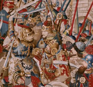 Vlaamse wandtapijt. Serie De Trojaanse Oorlog. Tent van Achilles (La Tienda de Aquiles). Zesde wandtapijt in de serie. Model Coëtivy Meester (Henry of Conrard de Vulcop). Manufacture Tournai werkplaatsen. Ca 1470. Stof Wol en zijde, 6/7 scheringen per cm. 