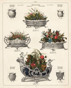 Bloemenstandaards, bloemenschaaltjes, vazen en jardinières. Lithografie uit een catalogus van metalen producten vervaardigd door Wuerttemberg Metalware Factory, Geislingen, Duitsland