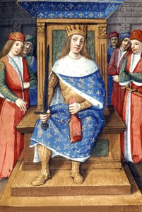 Franse koning Lodewijk IX (Saint Louis, 214-1270, koning van 1226 tot 1270) op zijn troon, Franse verluchting door Unbekannter Künstler