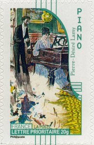 Franse postzegel met een vrouwelijke pianist, naar een schilderij van de Franse kunstenaar Pierre-Désiré Lamy
