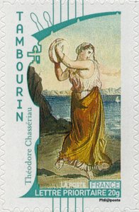 Franse postzegel met een zigeunervrouw die de tamboerijn bespeelt, naar een schilderij van de Franse kunstenaar Théodore Chassériau