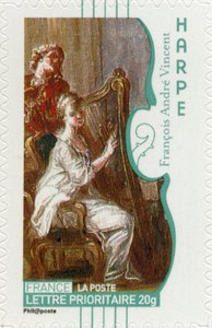Franse postzegel met een vrouw die harp speelt, naar een schilderij van de Franse kunstenaar François-André Vincent