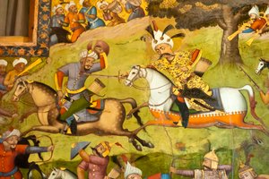 Fresco; Shah Ismail op een wit paard in de slag bij Taher Abad; 1510; tegen de Oezbeken in Merv; Chehel Sotoun; Veertig Zuilen Paleis; Isfahan; Iran; Azië door Unbekannt