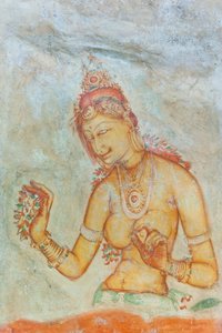 Fresco; vrouw met blote borsten en bloemen; Apsara; UNESCO Werelderfgoed; Sigiriya; Sri Lanka; Azië