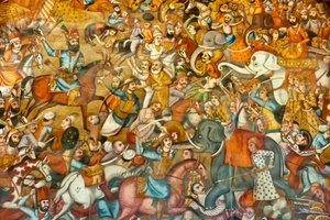 Fresco; slag; slag van Nadir Shah in de Slag bij Karnal; 1739; te paard; tegen Sultan Mohammed Shah Gurkani op een witte olifant; Chehel Sotoun; Veertig Zuilen Paleis; Isfahan; Iran; Azië door Unbekannt