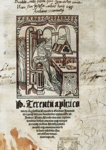Frontispice van komedies van de komische dichter Terence (Publius Terentius Aferer) (190-145 v.Chr.). De auteur is afgebeeld. door Unbekannt