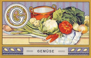 G: Groente - Alphabet Palmin. Serie chromolithografieën uitgegeven door H. Schlinck & Cie, Hamburg. Reclame voor Palmin fijnste kokosvet. Afmetingen: 7 x 11 cm