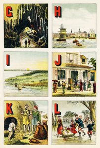 G H I J K L : grot, Hamburg, eiland, Japan, Kabylie, meer - Gravure uit Alphabet geographique. Guerin-Muller et Cie, uitgevers, Parijs door Unbekannt