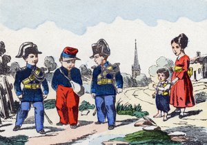 Gendarmes. Gravure in "Alphabet militaire enfantin". Imagery van Pont-a-Mousson, circa 1890. door Unbekannt