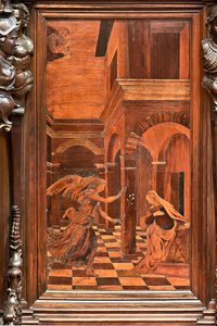 Genua, Duomo (Sint-Laurenskathedraal), binnen, presbyterium, apsis, koor, zuidzijde: "Aankondiging", houtintarsia door Gian Michele De