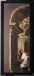 Genua, Duomo (Sint-Laurenskathedraal), interieur, linker zijbeuk, originele deuren van het orgel van de zuidkant transept: "Sint-Laurens verdeelt de schat van de kerk aan de armen" (1635), door Andrea Ansaldo door Unbekannter Künstler